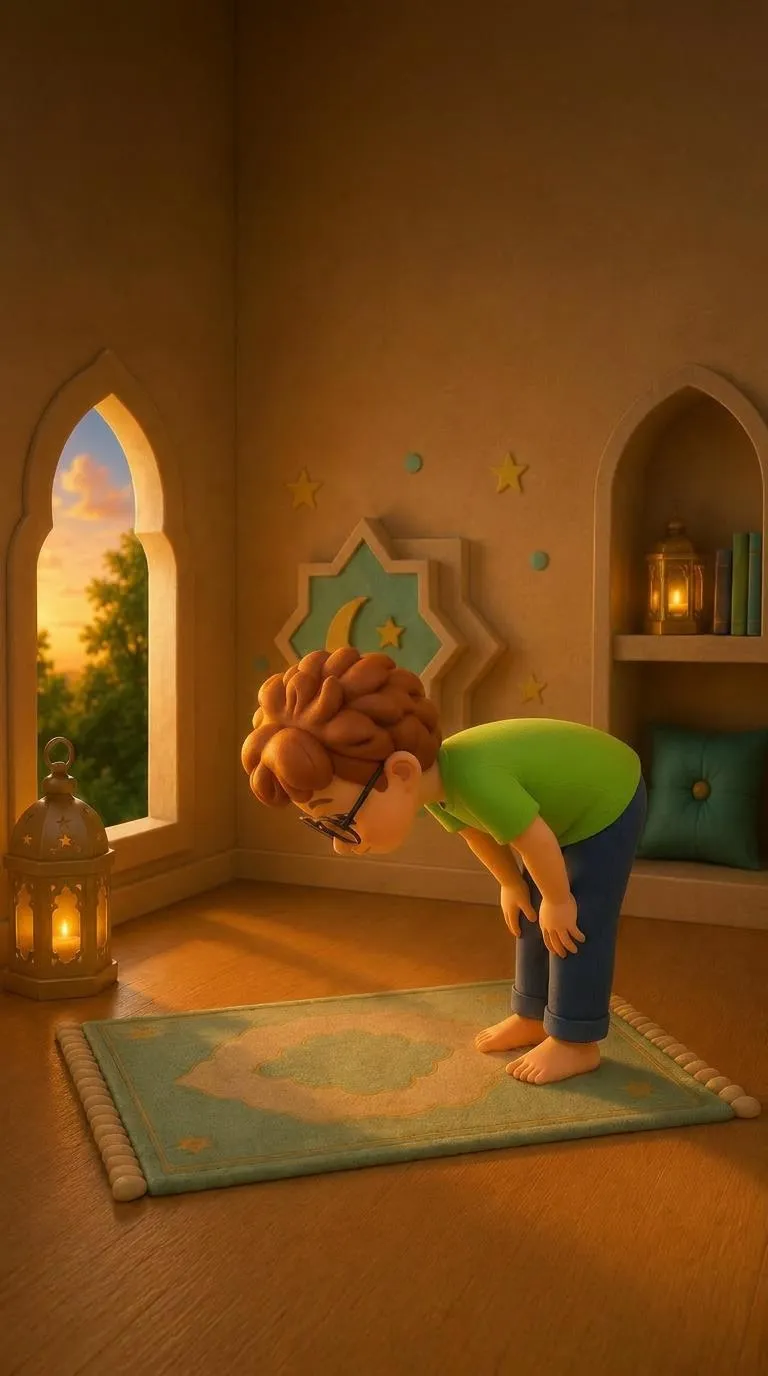 Layth bowing forward in ruku position with hands on his knees and back parallel to the floor