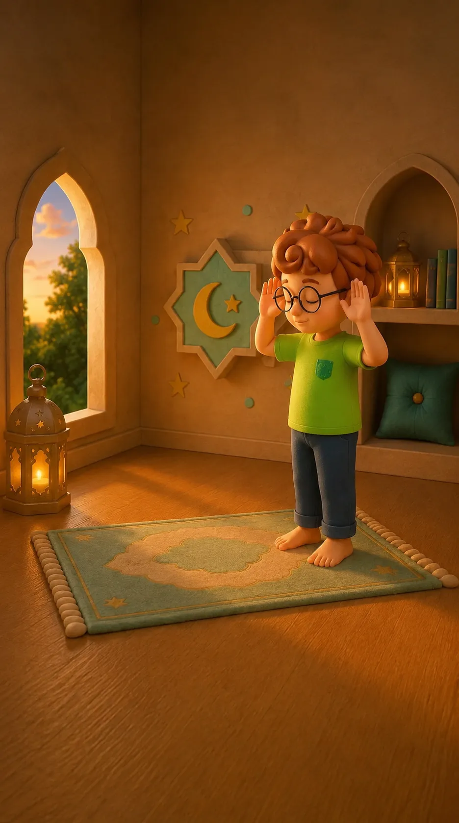 Layth standing with his hands raised to his ears, palms forward, in the takbir position to open the prayer