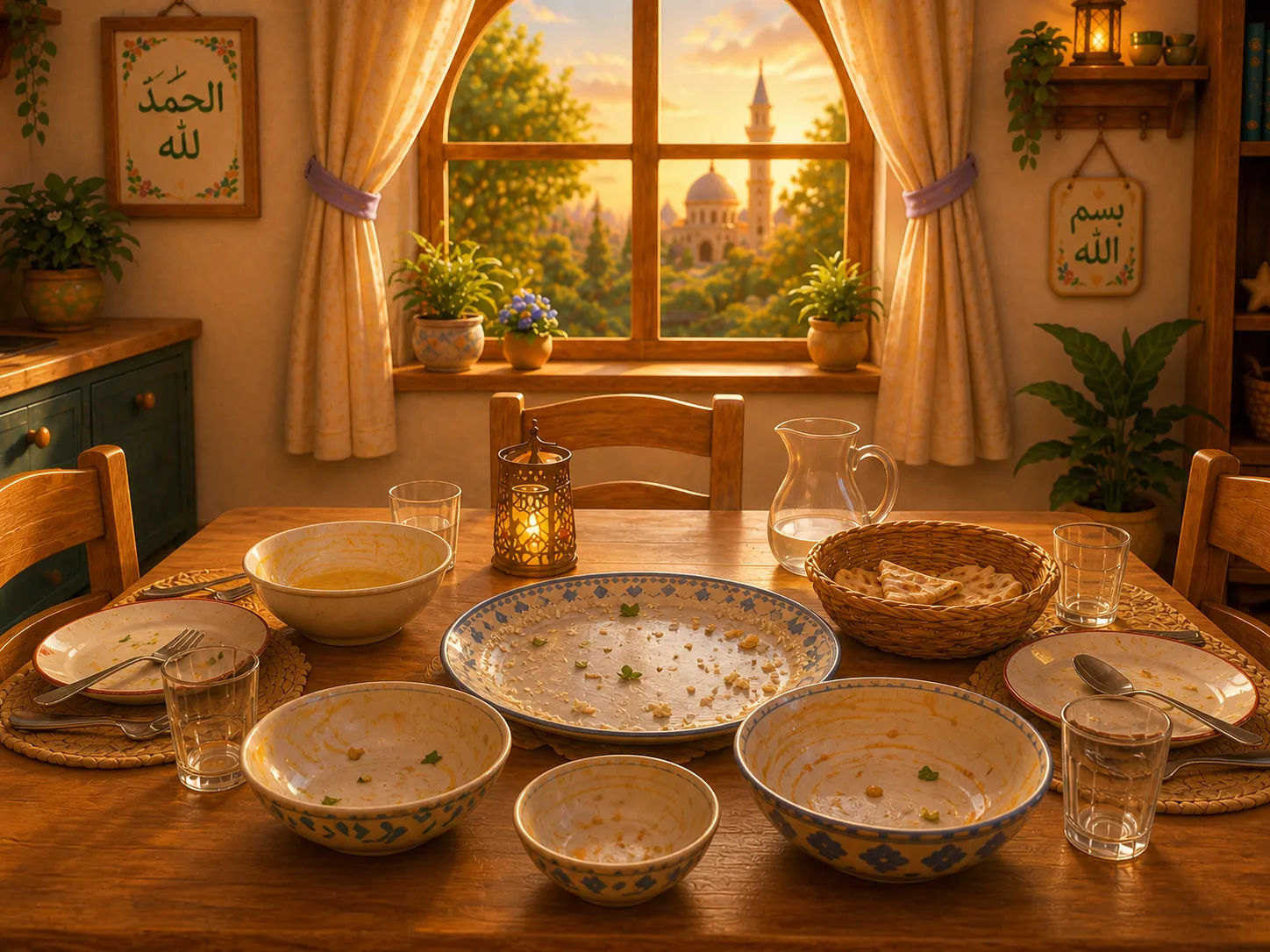 Calm post-meal scene with soft light