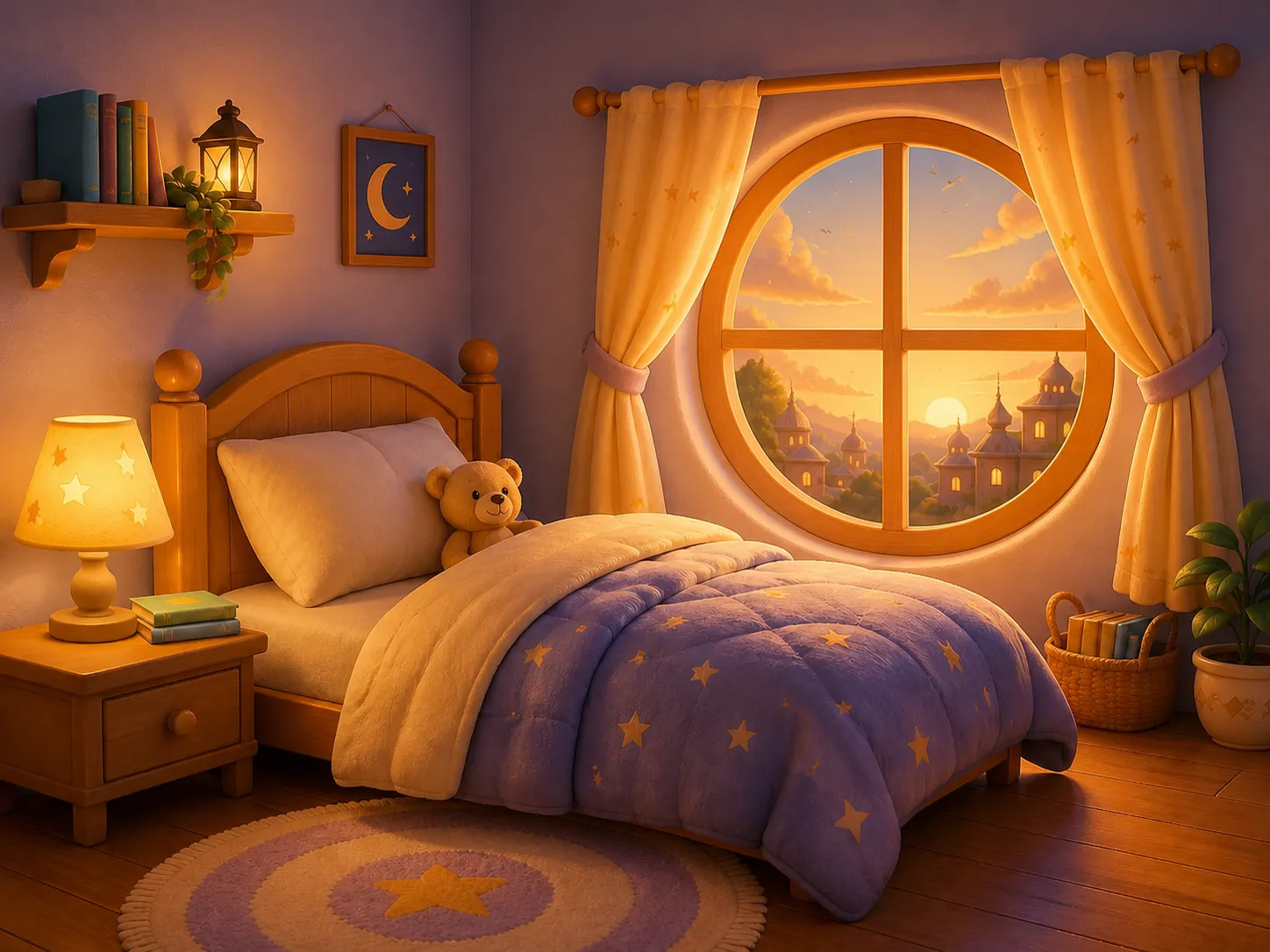 Cozy bedroom at sunrise with golden light through the window
