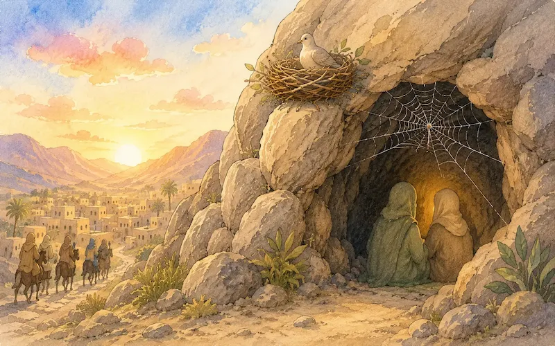 A spider web and a dove at a cave entrance