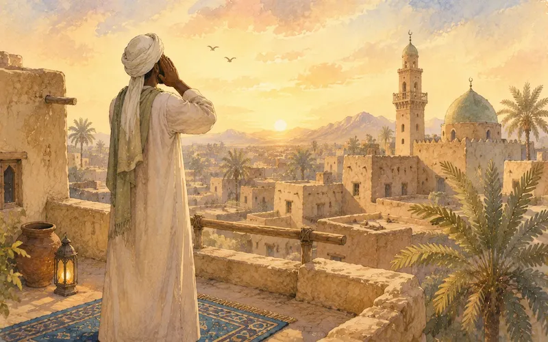A figure on a rooftop calling the adhan at sunrise