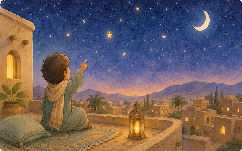 A young boy looking up at a starry sky
