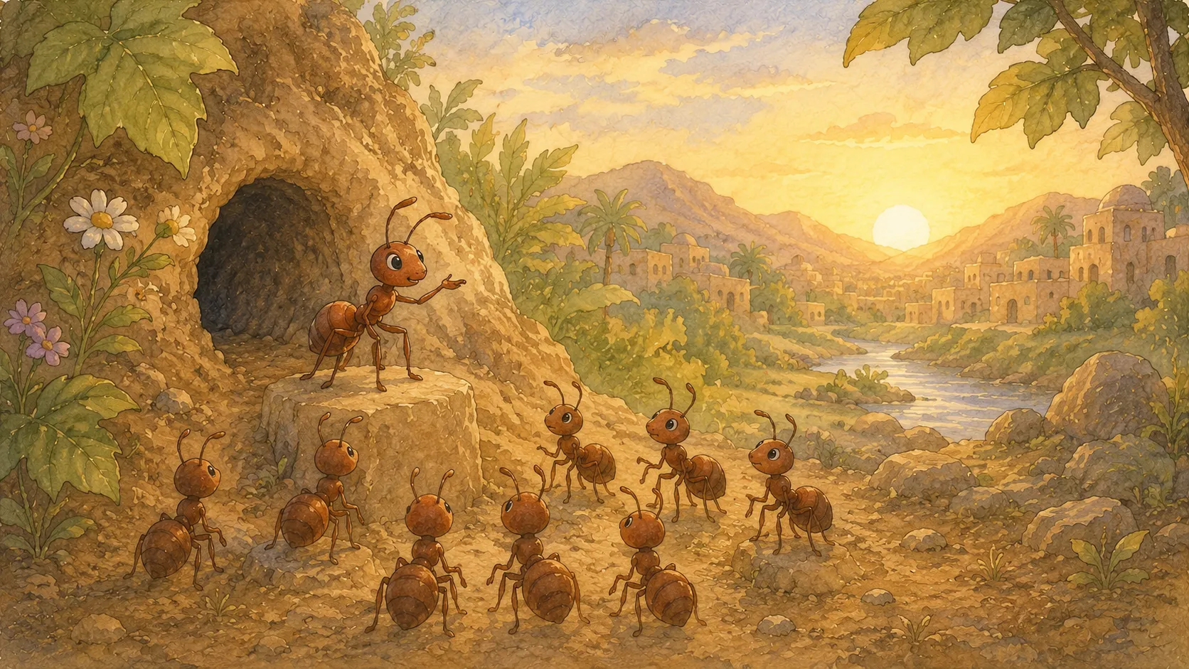 A small ant warning her people in the Valley of the Ants as Prophet Sulaiman’s army approaches, illustrating the Quranic story from Surah An-Naml