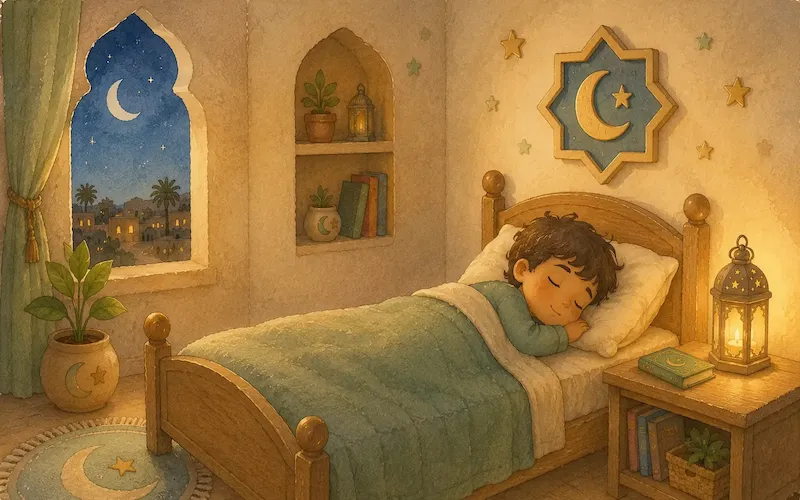 A peaceful nighttime bedroom with a soft star-lantern