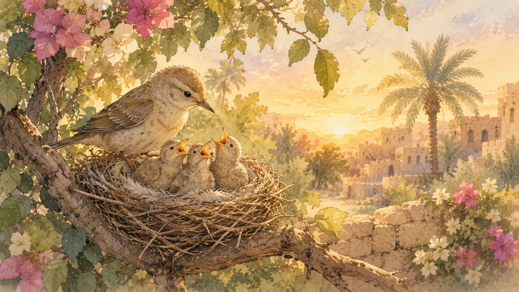 A mother bird returning to her chicks in their nest, illustrating the hadith of the Prophet Muhammad teaching his companions about kindness and mercy to animals