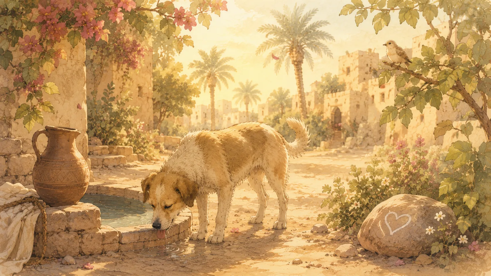 The thirsty dog drinking from water that a man brought up from a well in his shoe, illustrating the hadith of kindness to animals narrated by Abu Hurairah
