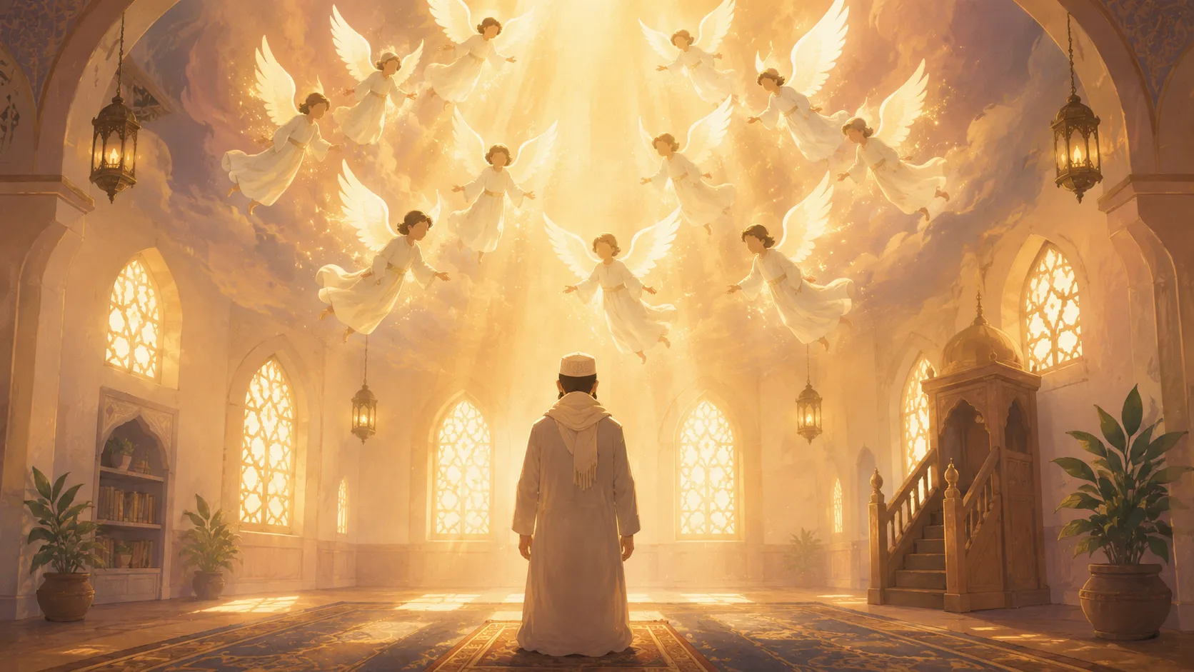 Twelve angels rushing toward heaven to carry a worshipper’s dua, illustrating the hadith of the opening dua in the prayer narrated by Abdullah ibn Umar