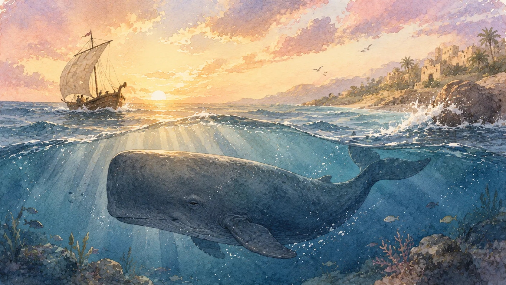 Prophet Yunus and the great whale in a stormy sea at twilight, illustrating the Quranic story of Yunus calling out to Allah from inside the whale