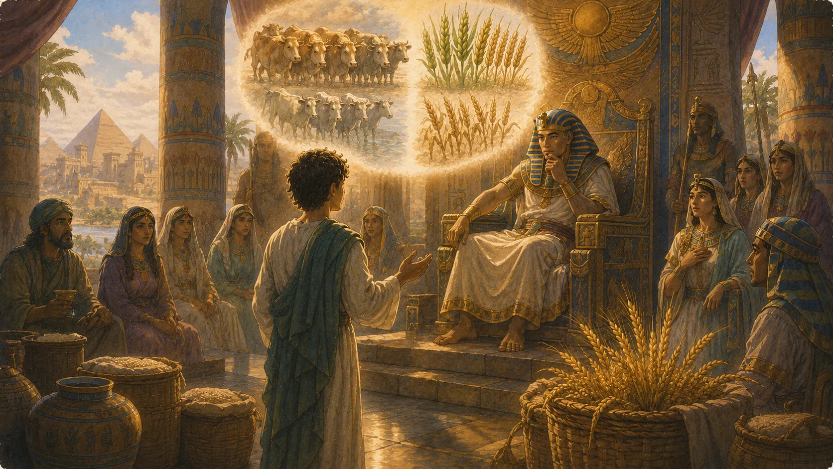 Prophet Yusuf standing before the king of Egypt, illustrating the Quranic story of Surah Yusuf Part 3 from the Quran