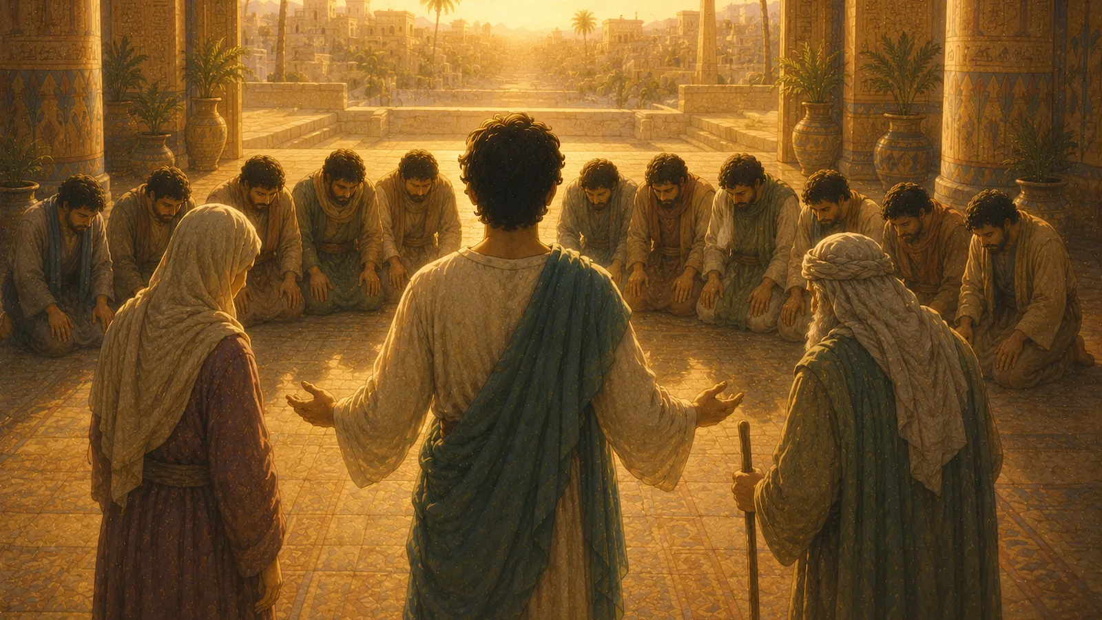 Prophet Yusuf reuniting with his family in Egypt, with eleven brothers, the sun and moon symbolic above, illustrating the Quranic story of Surah Yusuf Part 4 from the Quran