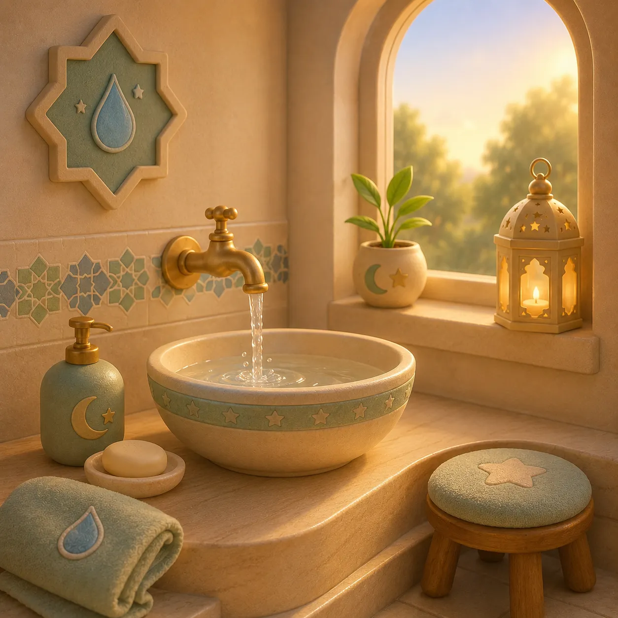 A child washing their hands at a wudu basin with flowing water