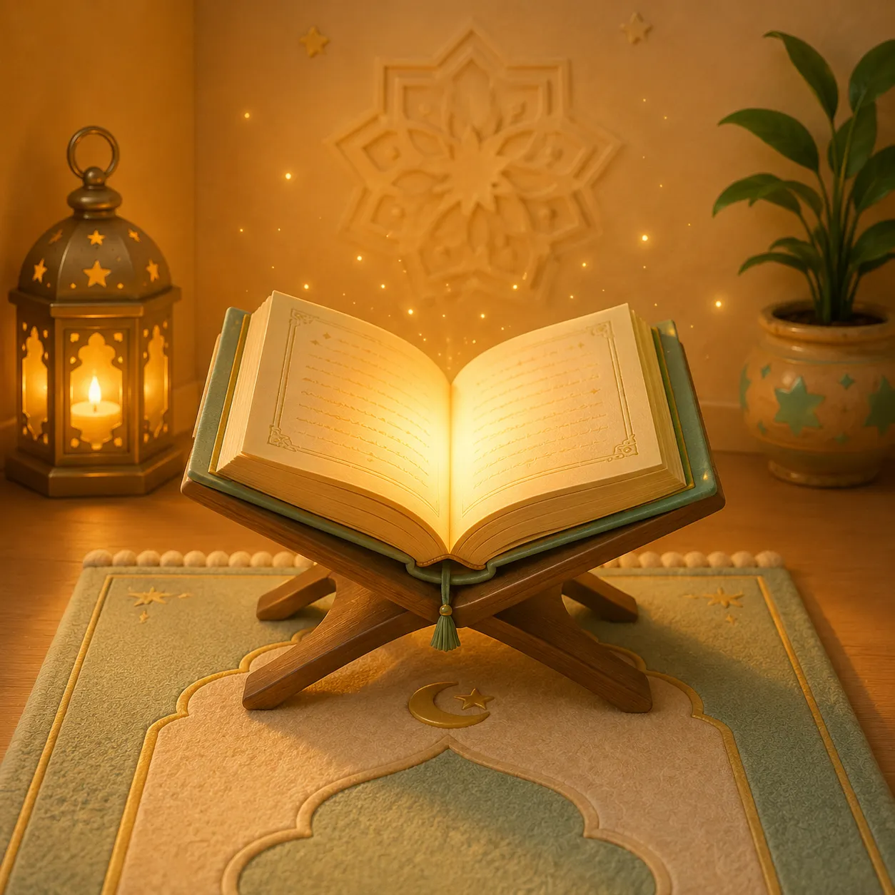 A glowing book and prayer mat representing the foundation of learning to pray