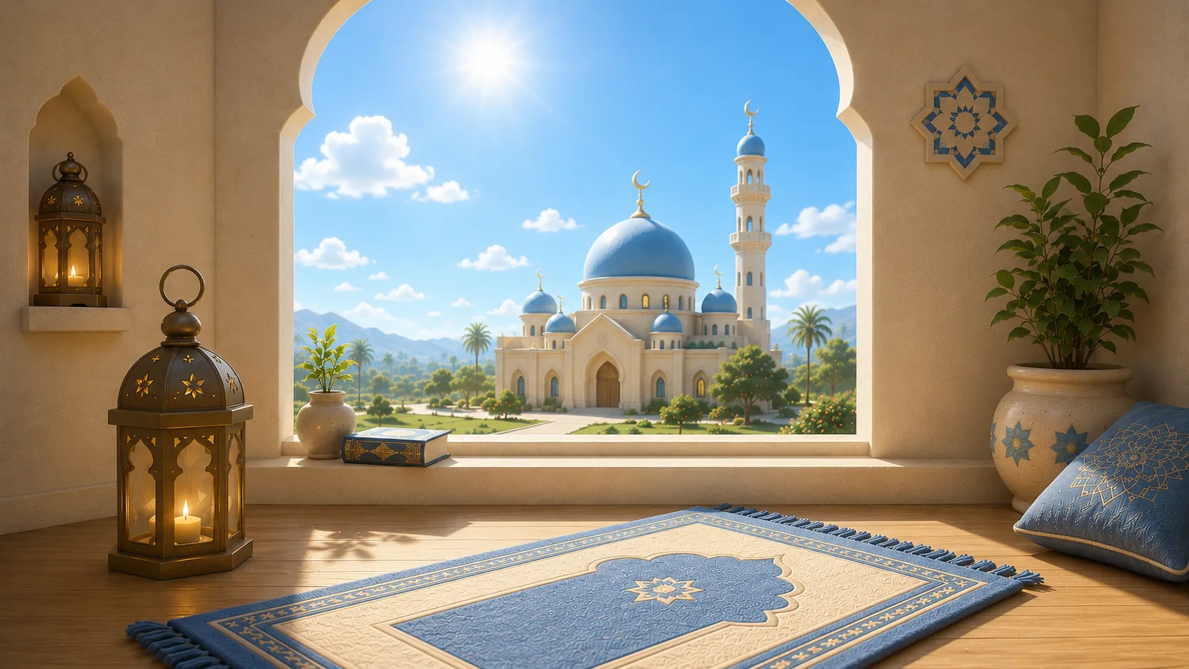 A bright midday scene with the sun high in a clear blue sky above a small mosque